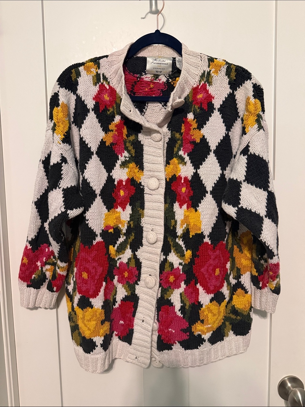 Express Tricot Vintage 90s Floral Argyle Button-Front Granny Cardigan Sweater